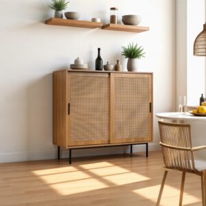 Küchenanrichte aus Holz mit Rohrtüren 100x90x37cm Spanplatte Braun Urban Meuble Möbel Küchenmöbel Kücheninseln & Servierwägen