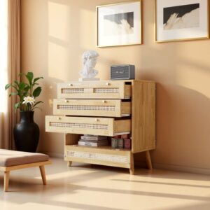 Naturholzvitrine mit 5 Schubladen und offenen Rohrnischen 80x83x40cm Spanplatte Beige Urban Meuble Möbel Esszimmermöbel Vitrine und Vitrinenschrank