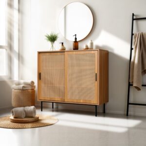 Badezimmermöbel aus Holz mit Rohrtüren 100x90x37cm Spanplatte Braun Urban Meuble Möbel Badezimmermöbel Badezimmerschränke