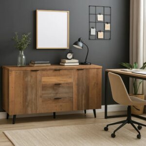 Büroschrank aus Holz mit 2 Türen und 3 Schubladen 140x70x35cm Spanplatte Braun Urban Meuble Möbel Büromöbel