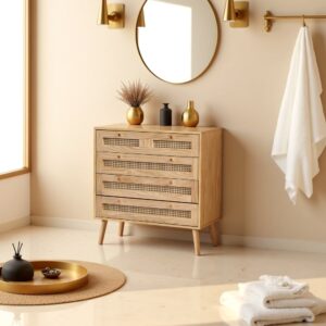 wohnli-moebel-suche-M23046759-1 Badezimmerschrank aus Naturholz mit 5 Korbschubladen 80x83x40cm Rattan Beige Urban Meuble Möbel Büromöbel Schreibtische