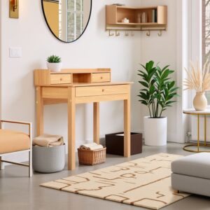 wohnli-moebel-suche-M23046764-1 Konsole aus hellem Holz mit Stauraum 100x90x50cm Spanplatte Beige Urban Meuble Möbel Wohnzimmermöbel Konsolentische