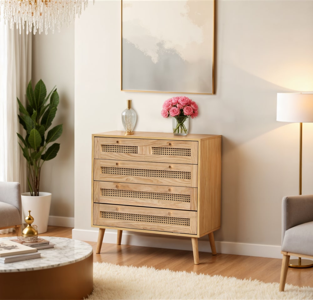 Konsolentisch aus Naturholz mit 5 Rohrschubladen 80x83x40cm Rattan Beige Urban Meuble Möbel Wohnzimmermöbel Konsolentische