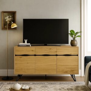 TV-Schrank aus Naturholz mit Schubladen und Türen 140x76x40cm Spanplatte Beige Urban Meuble Möbel Wohnzimmermöbel TV-Möbel