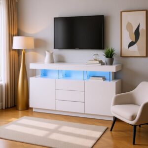wohnli-moebel-suche-M23046781-1 Weißer Designer-LED-TV-Ständer mit Stauraum und Schubladen 140x80x35cm Spanplatte Weiß Urban Meuble Möbel Wohnzimmermöbel TV-Möbel