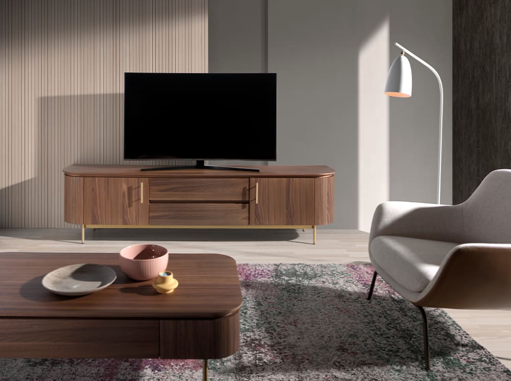 wohnli-moebel-suche-M23047206-1 TV-Schrank Nussbaum und goldenem Stahl 45x55x220cm Holz Braun Angel Cerda Möbel Wohnzimmermöbel TV-Möbel