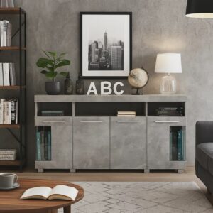 Modernes Bücherregal in grauem Betoneffekt mit 4 Türen 140x70x40cm Spanplatte Grau Urban Meuble Möbel Wohnzimmermöbel Bücherregale