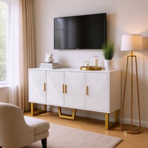 Weiß-goldener TV-Schrank aus Holz mit 4 geometrischen Türen 150x82x40cm Spanplatte Weiß Urban Meuble Möbel Wohnzimmermöbel TV-Möbel