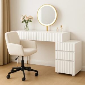 wohnli-moebel-suche-M23048819-1 Moderner weißer Schminktisch und Drehstuhl 100x127x40cm Stoff Weiß Urban Meuble Möbel Schlafzimmermöbel Schminktische