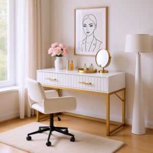 wohnli-moebel-suche-M23048821-1 Moderner weißer Schminktisch mit Schubladen und Drehstuhl 197x96x92cm Metall Weiß Urban Meuble Möbel Schlafzimmermöbel Schminktische