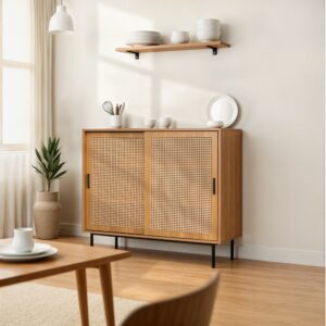 Aufbewahrungsschrank aus Holz mit Rohrtür 100x90x37cm Spanplatte Braun Urban Meuble Möbel Schlafzimmermöbel Kommoden