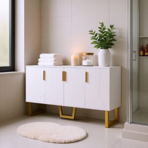Weißer Badezimmerschrank mit goldenen Beinen 140x80x40cm Spanplatte Weiß Urban Meuble Möbel Badezimmermöbel Badezimmerschränke