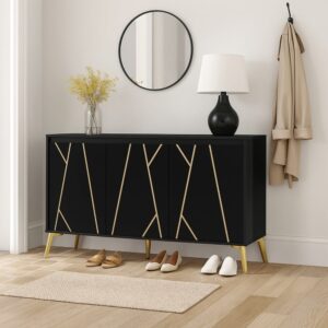 wohnli-moebel-suche-M23048832-1 Schwarzer Schuhschrank mit goldenen Dekortüren 140x80x40cm Spanplatte Schwarz Urban Meuble Möbel Flurmöbel Schuhschränke