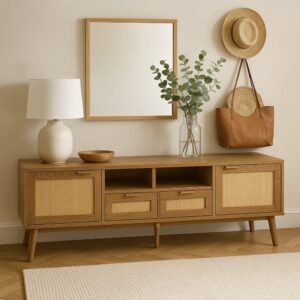 Holzkonsole mit Rohrgeflecht Natürliche Eleganz und Charme 200x49x37cm Rattan Beige Urban Meuble Möbel Wohnzimmermöbel Konsolentische