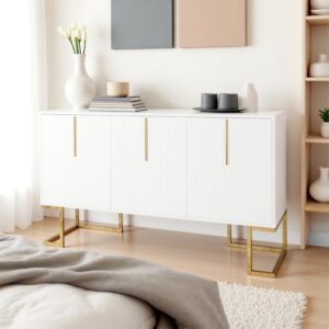 Weißer Konsolentisch mit geometrischen Mustern und goldenen Beinen 138x81x40cm Spanplatte Weiß Urban Meuble Möbel Wohnzimmermöbel Konsolentische