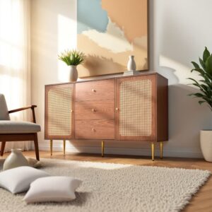 Konsolentisch aus Holz mit Rohrgeflecht 150x90x40cm Spanplatte Braun Urban Meuble Möbel Wohnzimmermöbel Konsolentische