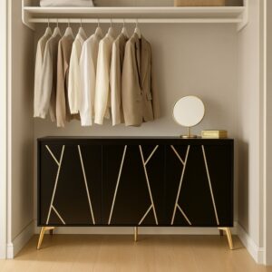 Schwarzer Kleiderschrank mit goldenen Beinen und Türen 140x80x40cm Spanplatte Schwarz Urban Meuble Möbel Schlafzimmermöbel Schränke