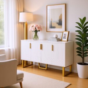 Weiße Designerkonsole mit goldenen Beinen und Stauraum 140x80x40cm Spanplatte Weiß Urban Meuble Möbel Wohnzimmermöbel Konsolentische