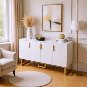 Weißes Sideboard mit goldenen Beinen und Stauraum 140x80x40cm Spanplatte Weiß Urban Meuble Möbel Schlafzimmermöbel Kommoden