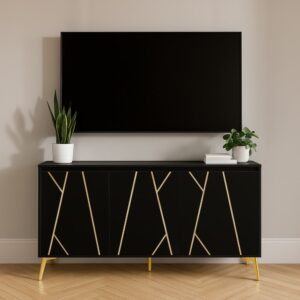 Schwarzer TV-Schrank mit goldenen Beinen und Türen 140x80x40cm Spanplatte Schwarz Urban Meuble Möbel Wohnzimmermöbel TV-Möbel
