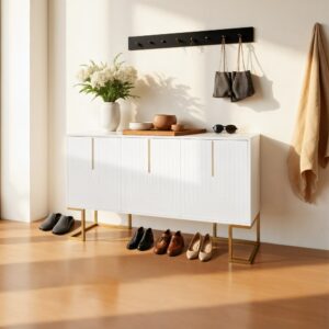Schuhschrank in Weiß und Gold – Modernes und raffiniertes Design 138x81x40cm Spanplatte Weiß Urban Meuble Möbel Flurmöbel Schuhschränke