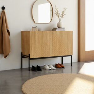 Schuhschrank aus hellem Holz mit Flügeltüren 100x70x40cm Spanplatte Beige Urban Meuble Möbel Flurmöbel Schuhschränke