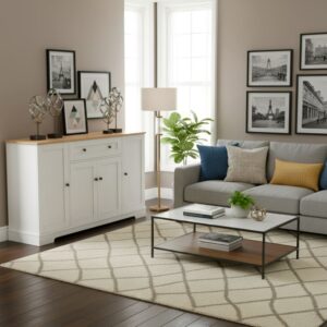 wohnli-moebel-suche-M23048848-1 Elegante weiße Konsole mit heller Holzplatte 138x85x40cm Spanplatte Weiß Urban Meuble Möbel Wohnzimmermöbel Konsolentische