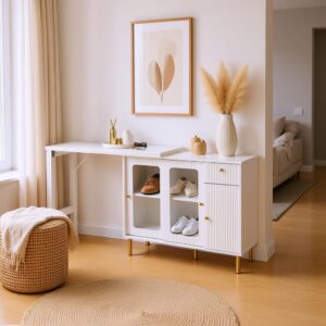 Weißer Beistelltisch mit Stauraum und goldenen Details 122x82x80cm Spanplatte Weiß Urban Meuble Möbel Wohnzimmermöbel Beistelltische