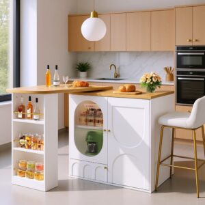 Kücheninsel in Weiß und Holz mit integriertem Stauraum 138x93x73cm Spanplatte Weiß Urban Meuble Möbel Küchenmöbel Kücheninseln & Servierwägen