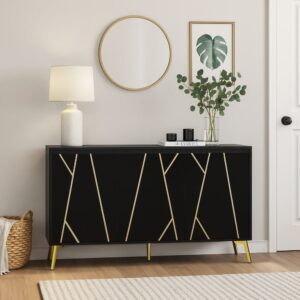 Schwarze Konsole mit Golddekor und eleganten Metallbeinen 140x80x40cm Spanplatte Schwarz Urban Meuble Möbel Wohnzimmermöbel Konsolentische