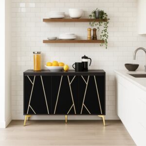 wohnli-moebel-suche-M23048862-1 Schwarze Kücheninsel mit Stauraum und goldenen Beinen 140x80x40cm Spanplatte Schwarz Urban Meuble Möbel Küchenmöbel Kücheninseln & Servierwägen