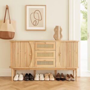 Schuhschrank aus Holz und Rohrgeflecht 141x76x40cm Spanplatte Beige Urban Meuble Möbel Flurmöbel Schuhschränke