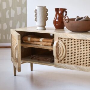 TV Schrank aus massivem Mangoholz und rattan 145 cm 150x45x36cm Holz Beige Tikamoon Möbel Wohnzimmermöbel TV-Möbel