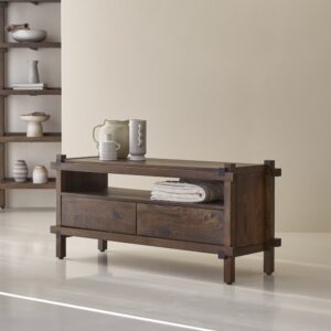 wohnli-moebel-suche-M23051371-1 TV Schrank aus massivem Mangoholz mit 2 Schubladen 120 cm 121x56x40cm Holz Braun Tikamoon Möbel Wohnzimmermöbel TV-Möbel
