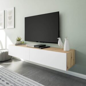 Hängeschrank mit 2 Klappen L180 cm - Eichendekor und Weiß 180x28x35cm Spanplatte Weiß Calicosy Möbel Wohnzimmermöbel TV-Möbel