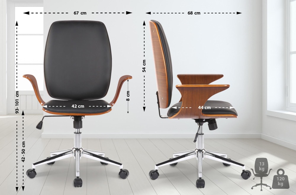 Bürostuhl drehbar höhenverstellbar aus Kunstleder walnuss/schwarz 68x93x67cm PVC und Synthetik Braun CLP Möbel Büromöbel Bürostühle