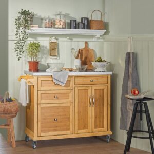 Küchenwagen aus Bambus mit Edelstahlarbeitsplatte Natur 115x92x46cm Holz Weiß SoBuy Möbel Schlafzimmermöbel Kommoden