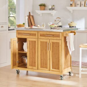 wohnli-moebel-suche-M23055759-1 Kücheninsel mit erweiterbarer Edelstahlarbeitsplatte Bambus Natur 115x92x71cm Holz Weiß SoBuy Möbel Schlafzimmermöbel Kommoden