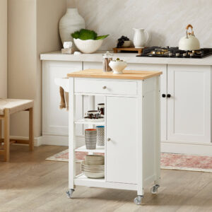 wohnli-moebel-suche-M23055772-1 Servierwagen mit Schublade und 3 Regalböden Holz Weiß 57x86x40cm Spanplatte Weiß SoBuy Möbel Küchenmöbel Kücheninseln & Servierwägen