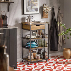 wohnli-moebel-suche-M23055777-1 Servierwagen mit 6 Ablagen und 1 Schublade Holz Metall Vintagebraun 50x87x37cm Spanplatte Schwarz SoBuy Möbel Küchenmöbel Kücheninseln & Servierwägen