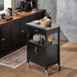 Küchenwagen mit Edelstahlplatte auf Rollen Holz Schwarz 60x90x45cm Spanplatte Schwarz SoBuy Möbel Küchenmöbel Kücheninseln & Servierwägen