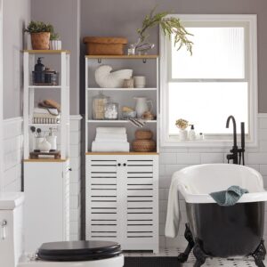 Badezimmerschrank mit 3 Fächern und 2 Türen MDF Weiß 60x160x30cm Spanplatte Weiß SoBuy Möbel Badezimmermöbel Badezimmerschränke