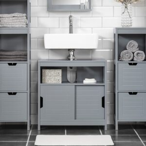 wohnli-moebel-suche-M23055874-1 Waschbeckenunterschrank mit Fußpolster und 2 Türen Holz Grau 60x60x31cm Spanplatte Grau SoBuy Möbel Badezimmermöbel