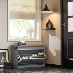 Schuhkipper mit Sitzkissen und Klappe MDF Hellgrau 75x51x24cm Spanplatte Grau SoBuy Möbel Flurmöbel Schuhschränke