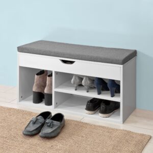 wohnli-moebel-suche-M23055929-1 Schuhbank mit Sitzkissen und 3 Fächern grau Holzwerkstoff 80x46x30cm Spanplatte Grau SoBuy Möbel Flurmöbel Schuhschränke