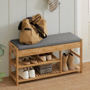 Schuhbank mit Sitzfläche und Schubladen Sitzbank Natur Bambus 90x45x30cm Bambus Beige SoBuy Möbel Flurmöbel Schuhschränke