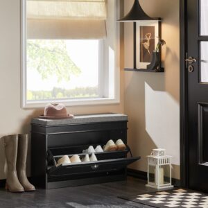 Schuhkipper mit Sitzkissen und Klappe MDF Schwarz 75x51x24cm Spanplatte Schwarz SoBuy Möbel Flurmöbel Schuhschränke