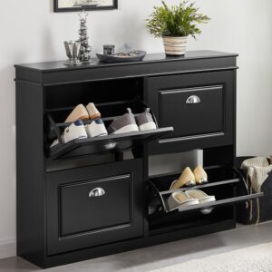 wohnli-moebel-suche-M23055935-1 Schuhschrank mit 4 türen schwarz 105x24x83cm klassisch 105x83x24cm Spanplatte Schwarz SoBuy Möbel Flurmöbel Schuhschränke