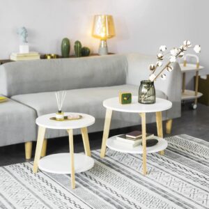 2er Set Beistelltisch mit runden Ablagen MDF Weiß/Natur 50x45x46cm Spanplatte Weiß SoBuy Möbel Wohnzimmermöbel Beistelltische