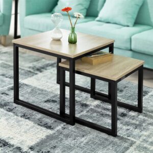wohnli-moebel-suche-M23055952-1 2er Set Couchtisch für Wohnzimmer Spanplatte Natur 50x50x50cm Metall Weiß SoBuy Möbel Wohnzimmermöbel Beistelltische